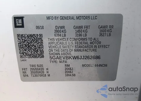 2018 Buick Enclave Premium z USA, uszkodzony, nr VIN 5GAEVBKW6JJ262686